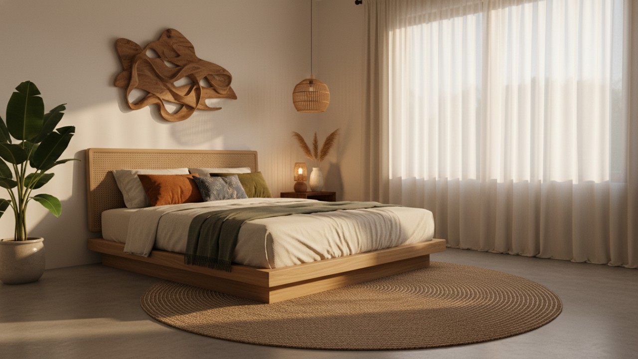 Kamar tidur minimalis dengan sentuhan elegan melalui elemen alami, pencahayaan, dan furnitur bertekstur halus.