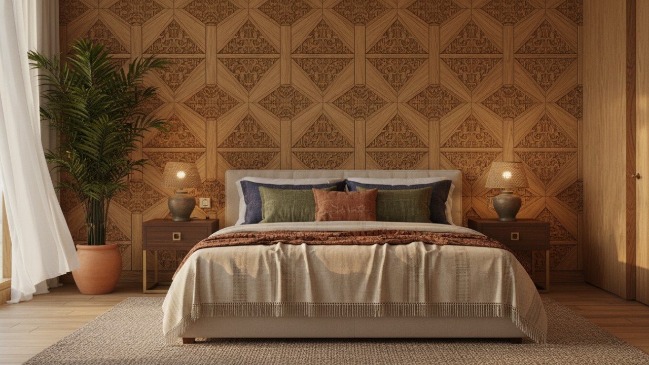 Area kasur dengan wall panel minimalis sebagai fokus visual kamar.
