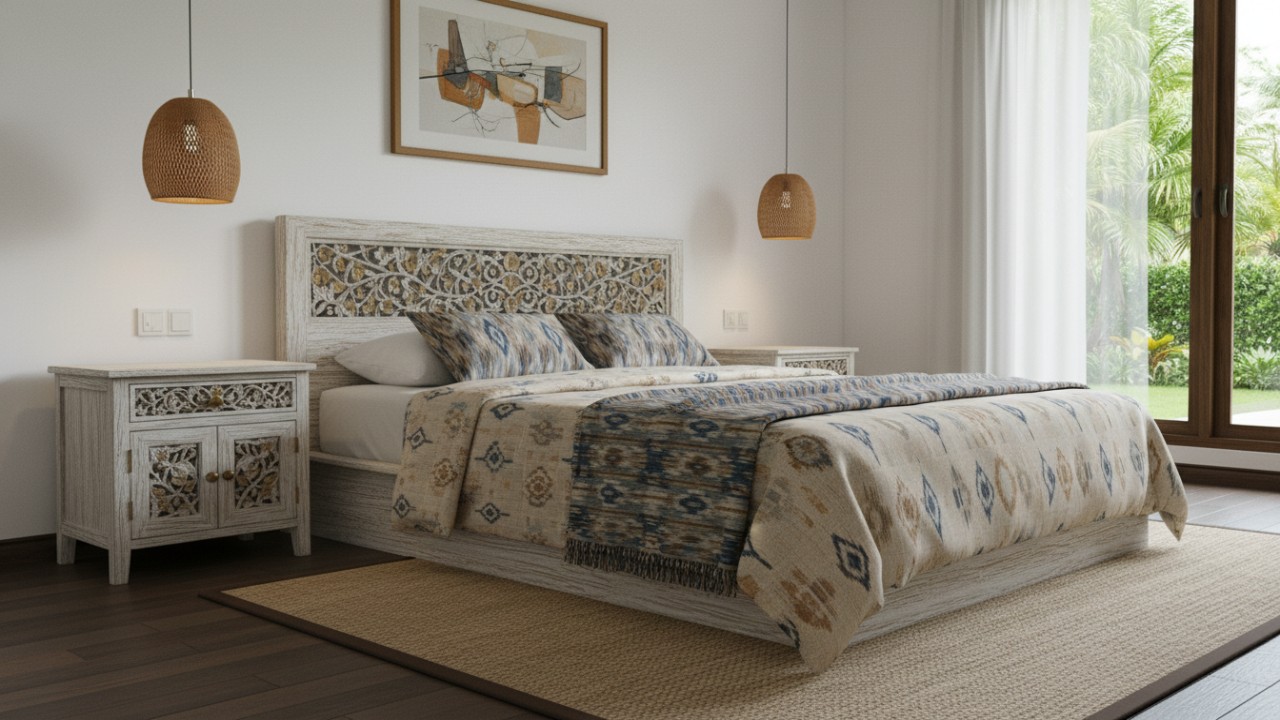 Furnitur bercorak ringan untuk aksen elegan di kamar tidur minimalis.