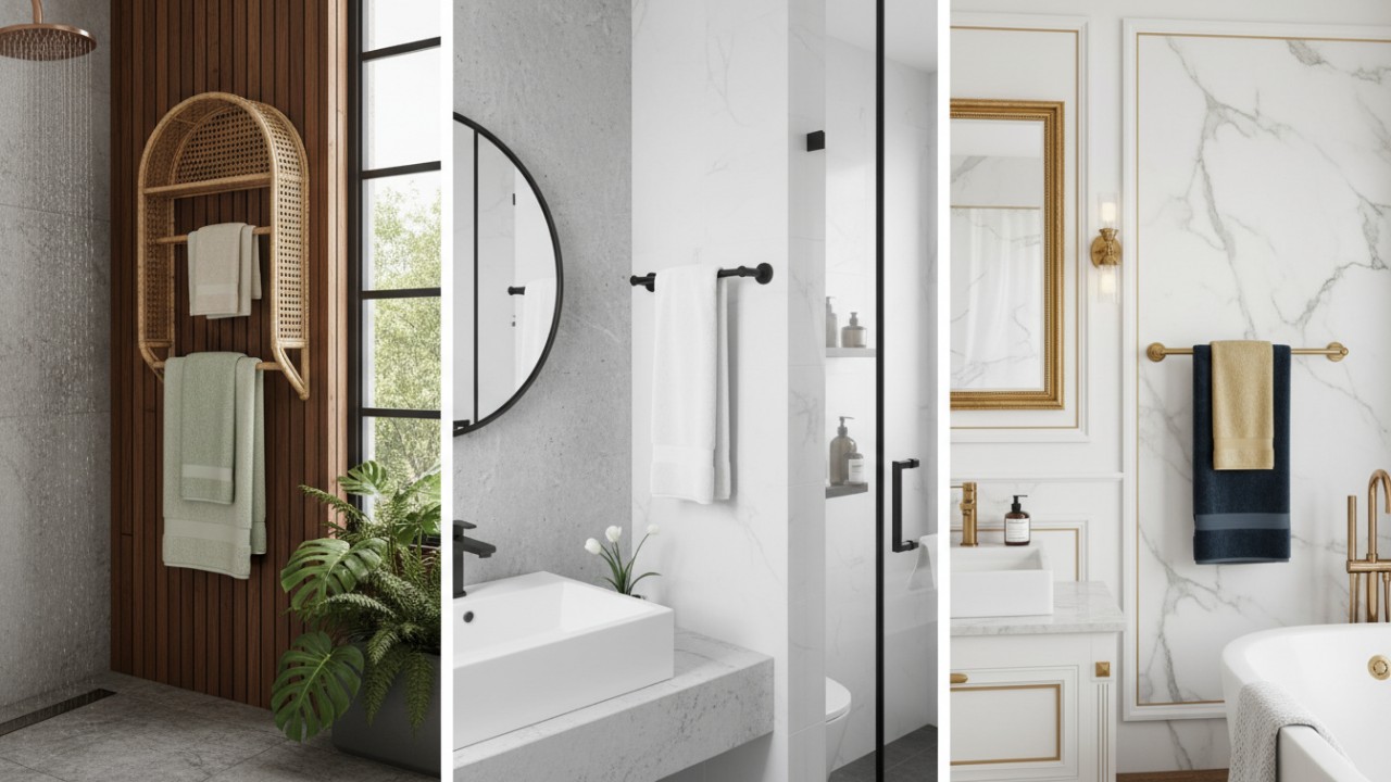 Beragam model gantungan handuk kamar mandi minimalis dengan desain modern dan material tahan air.