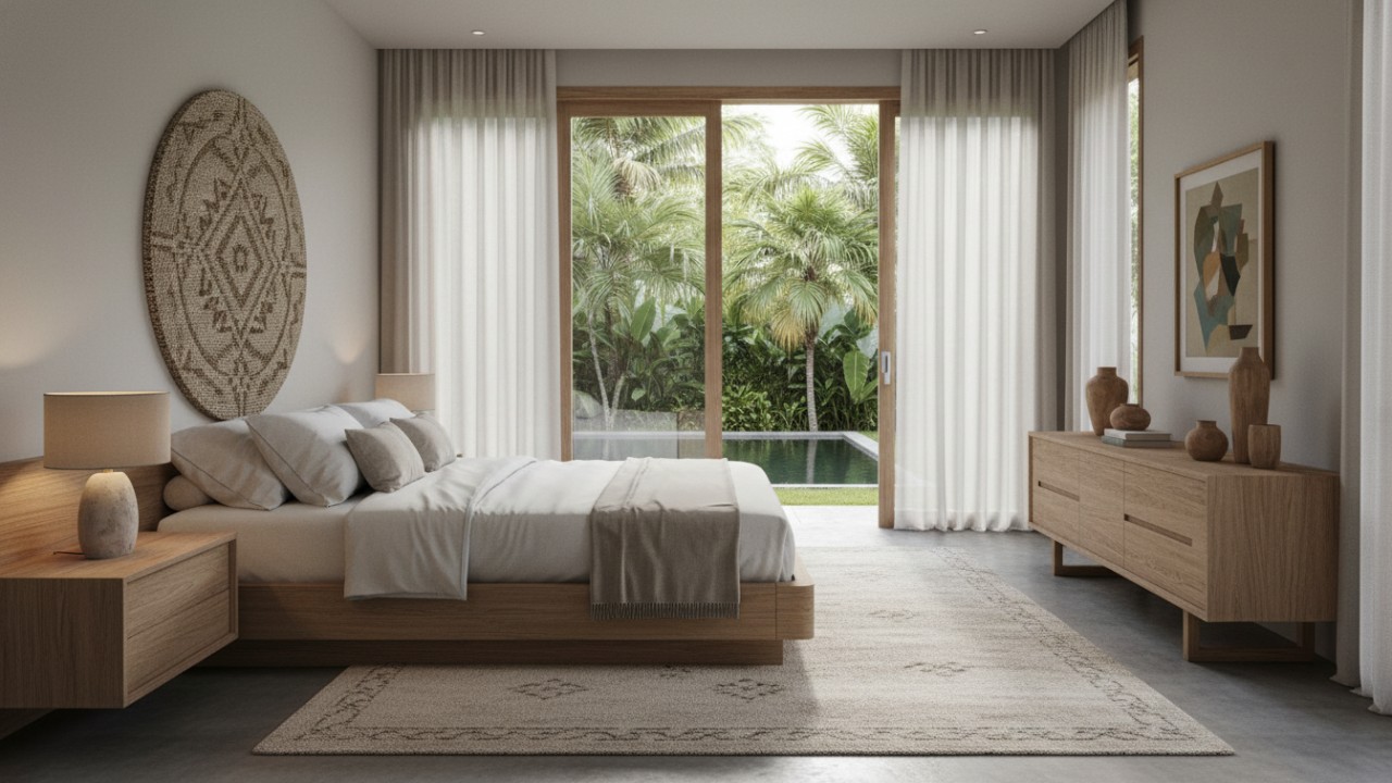 Furnitur kamar tidur bertekstur halus dengan tampilan clean dan modern.