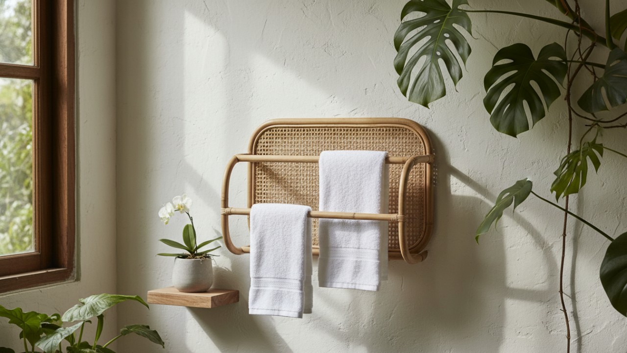 Gantungan handuk rotan bernuansa tropis modern di kamar mandi.