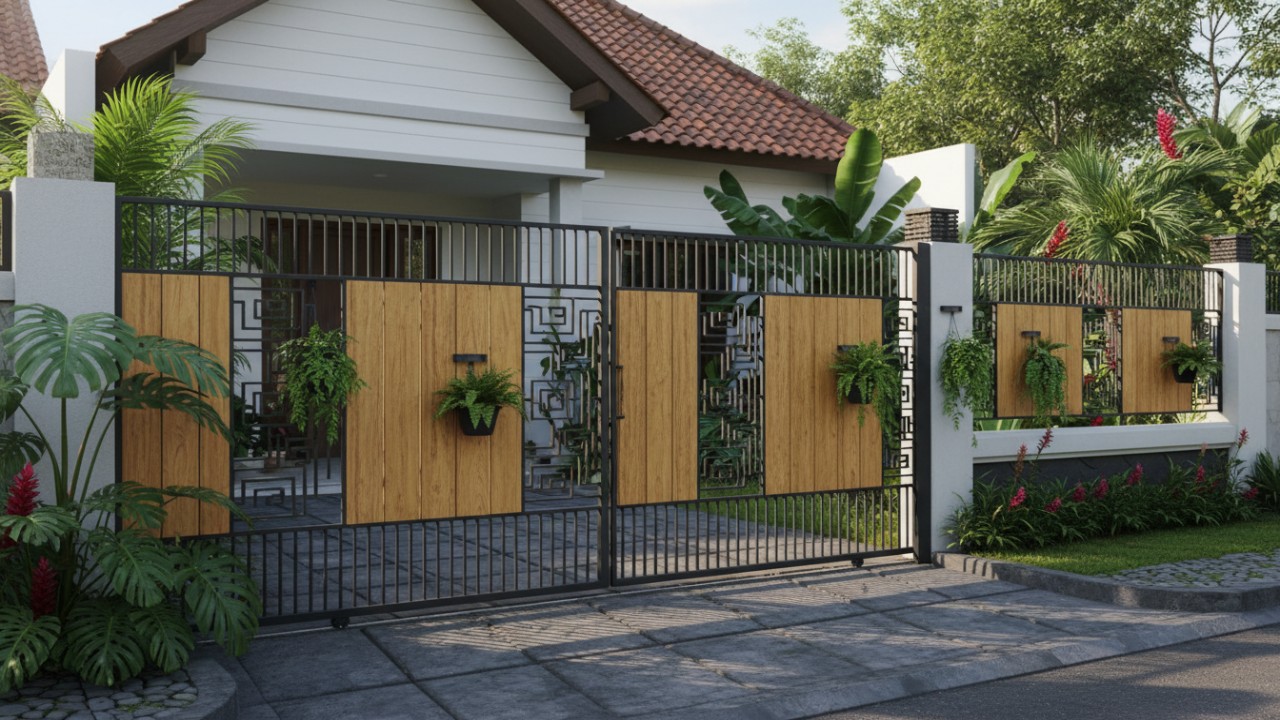 Pagar rumah dengan Motif kombinasi besi dan kayu
