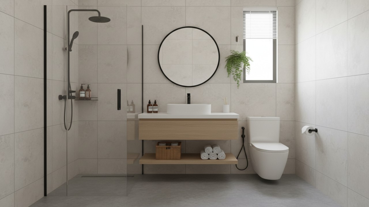 kamar mandi minimalis modern ukuran kecil yang bersih dan rapi