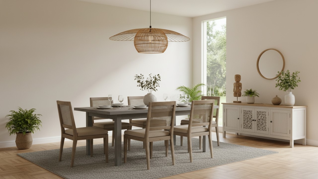Perpaduan warna putih dan earth-tone di area makan.