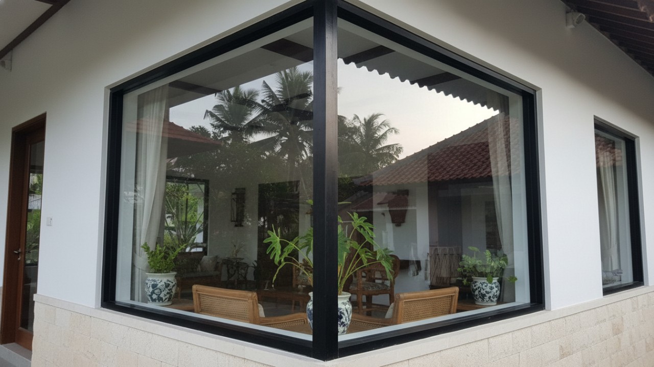 Jendela sudut minimalis dengan rangka besi siku.