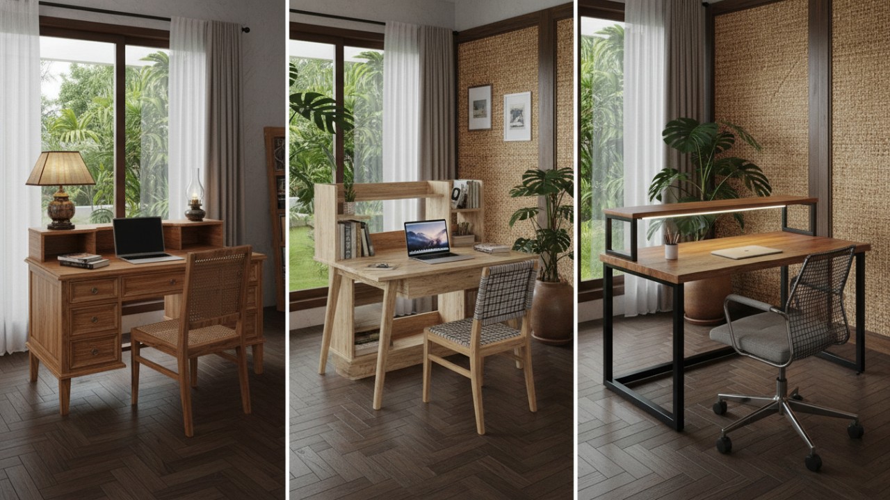 Meja belajar modern dengan beragam material yang mendukung ruang belajar rapi dan produktif.