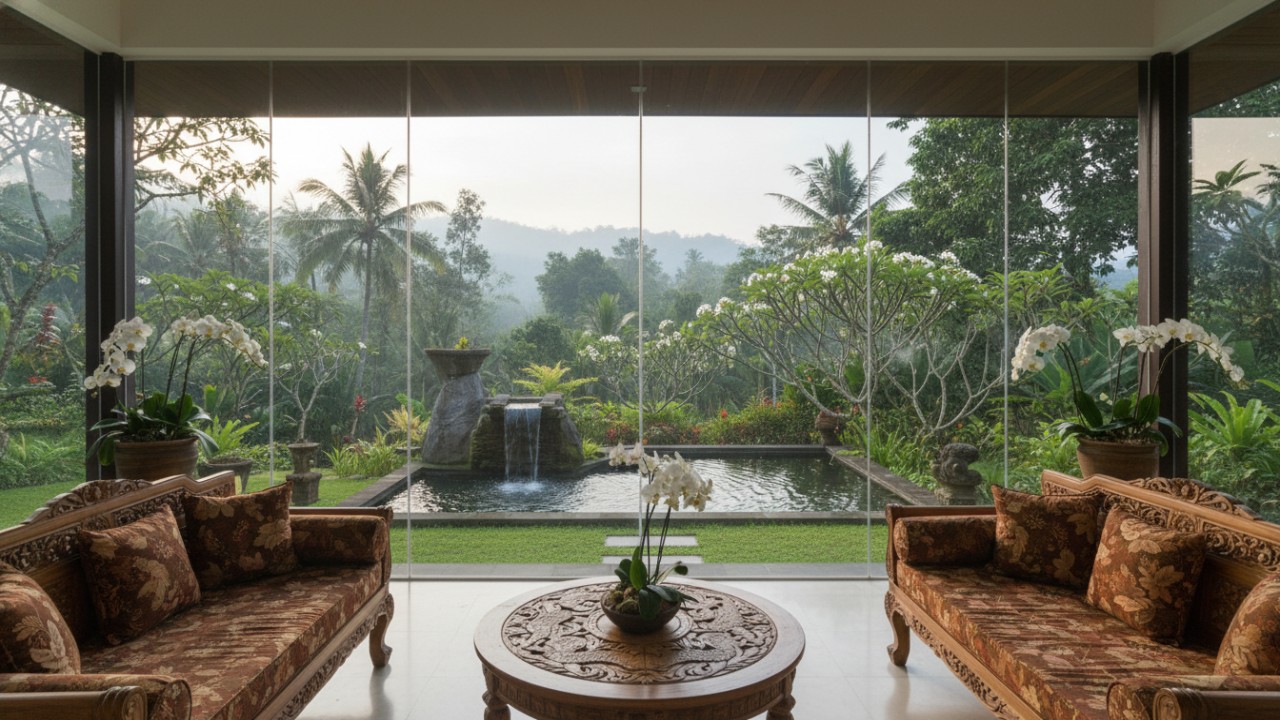 Jendela kaca besar menghadap taman.