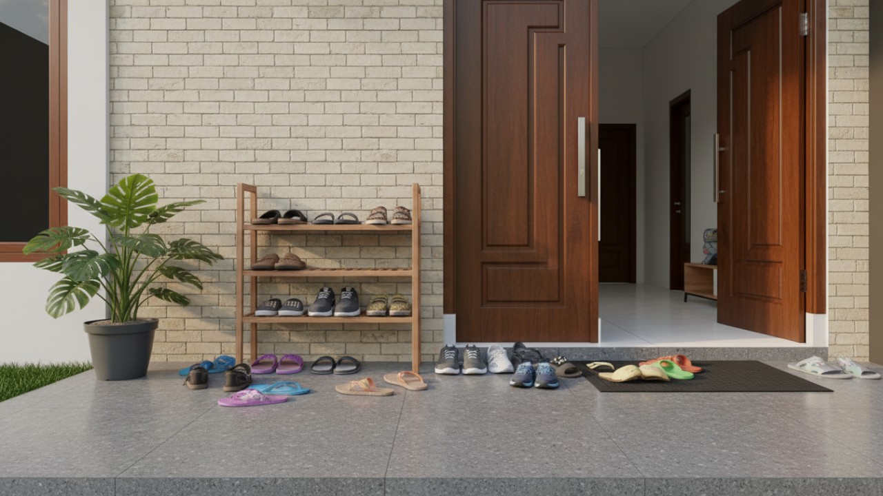 Rak sepatu minimalis modern dengan desain rapi untuk teras rumah.