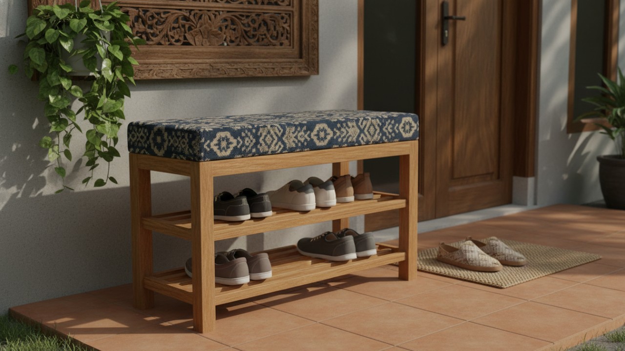 Rak sepatu bench dengan dudukan empuk dan pintu geser hemat ruang.