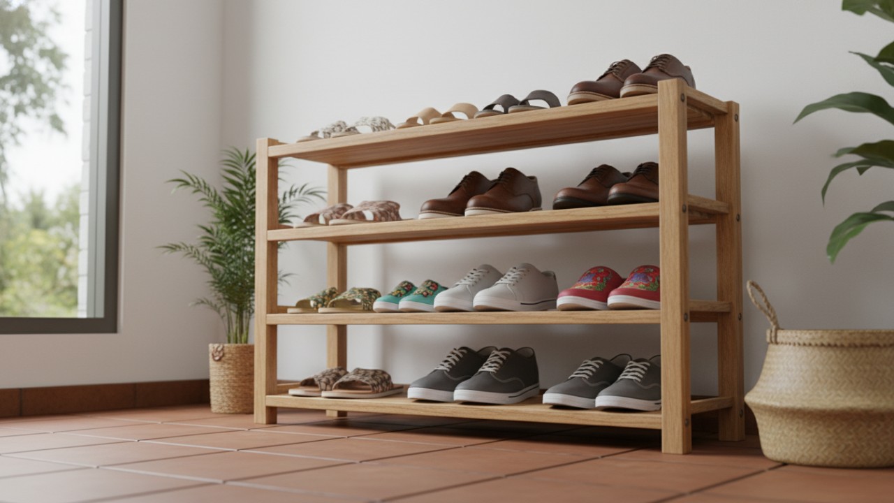 Rak sepatu empat susun berkapasitas besar untuk kebutuhan keluarga.