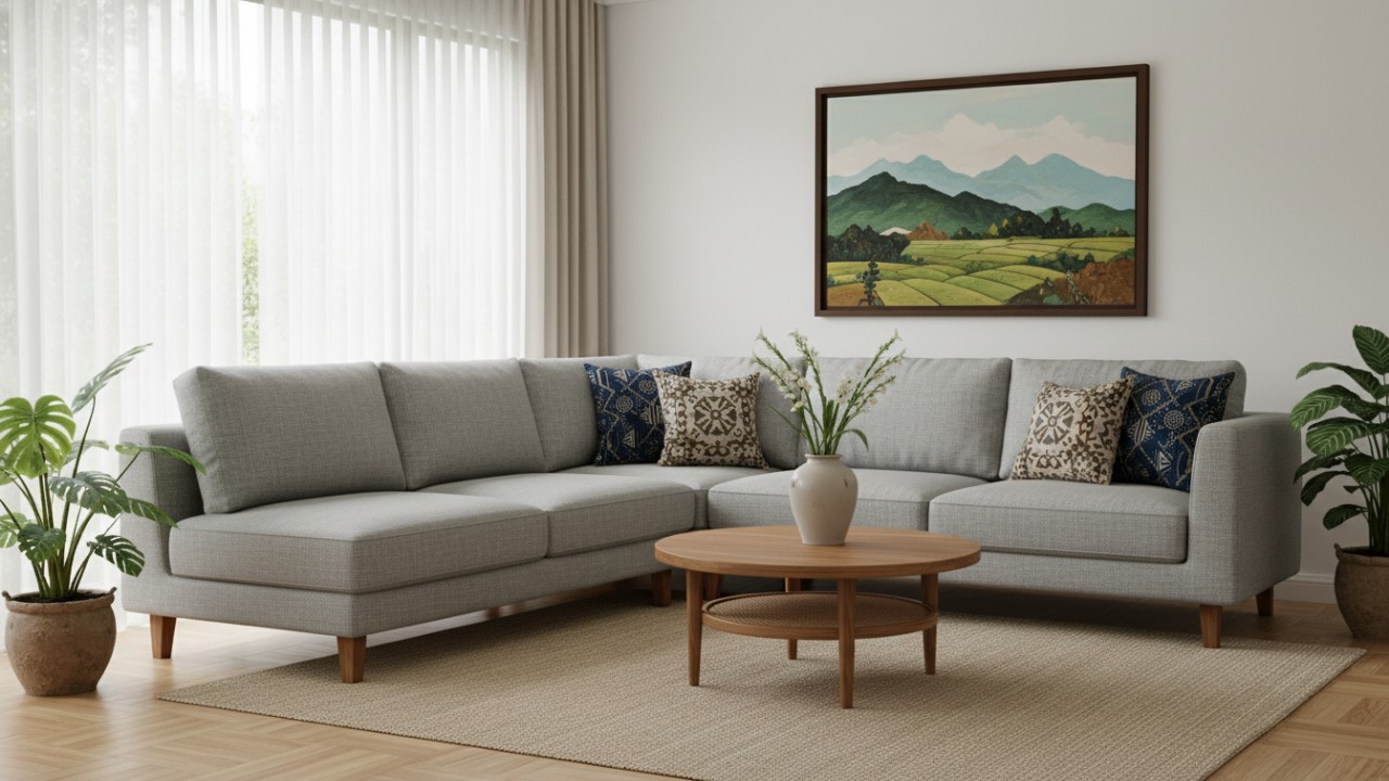 Sofa ruang tamu minimalis dengan desain sederhana yang mendukung kenyamanan dan estetika rumah.