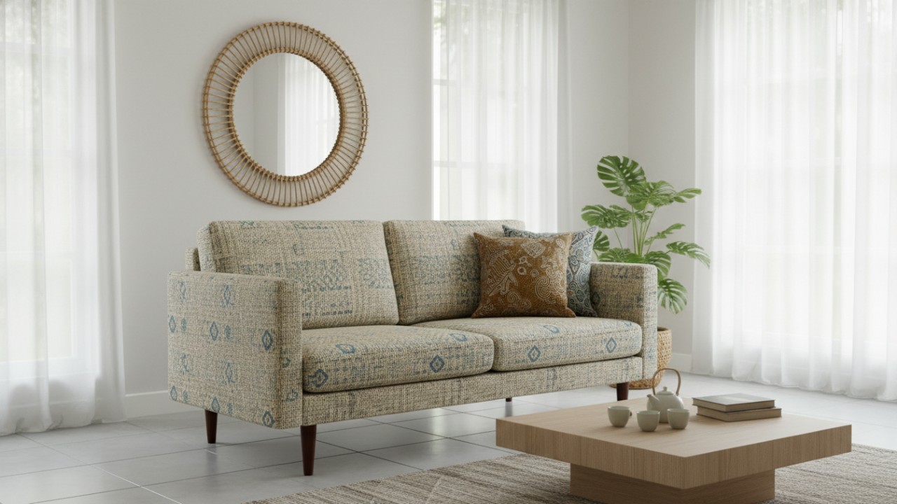 Sofa bed minimalis dengan kain polyester dan desain ringkas.