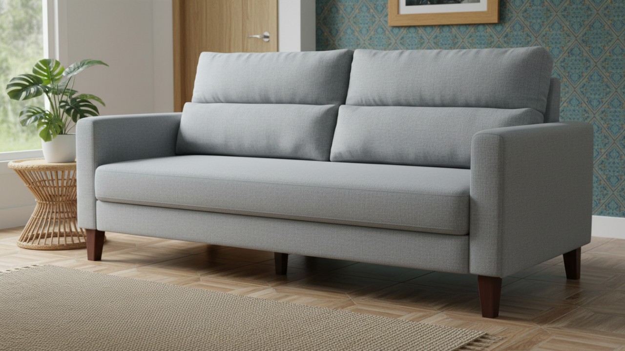 Sofa velvet kerang memberi sentuhan elegan di ruang tamu.