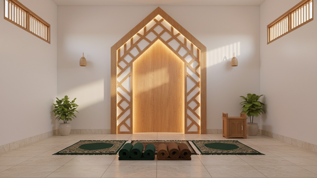 Tampilan mushola minimalis dengan mihrab geometris dan pencahayaan hangat