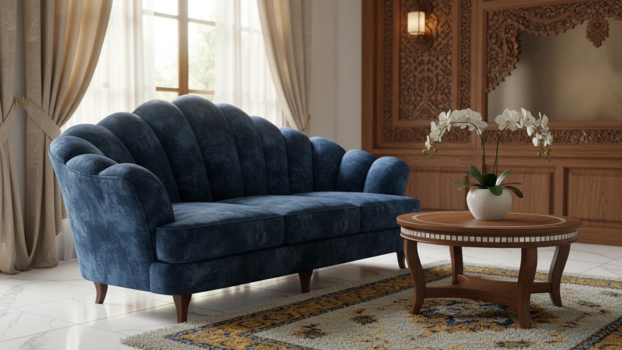 Sofa velvet kerang memberi sentuhan elegan di ruang tamu.