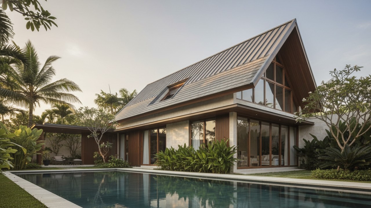 Visual rumah modern terlihat lebih tinggi dan lapang berkat desain atap pelana.