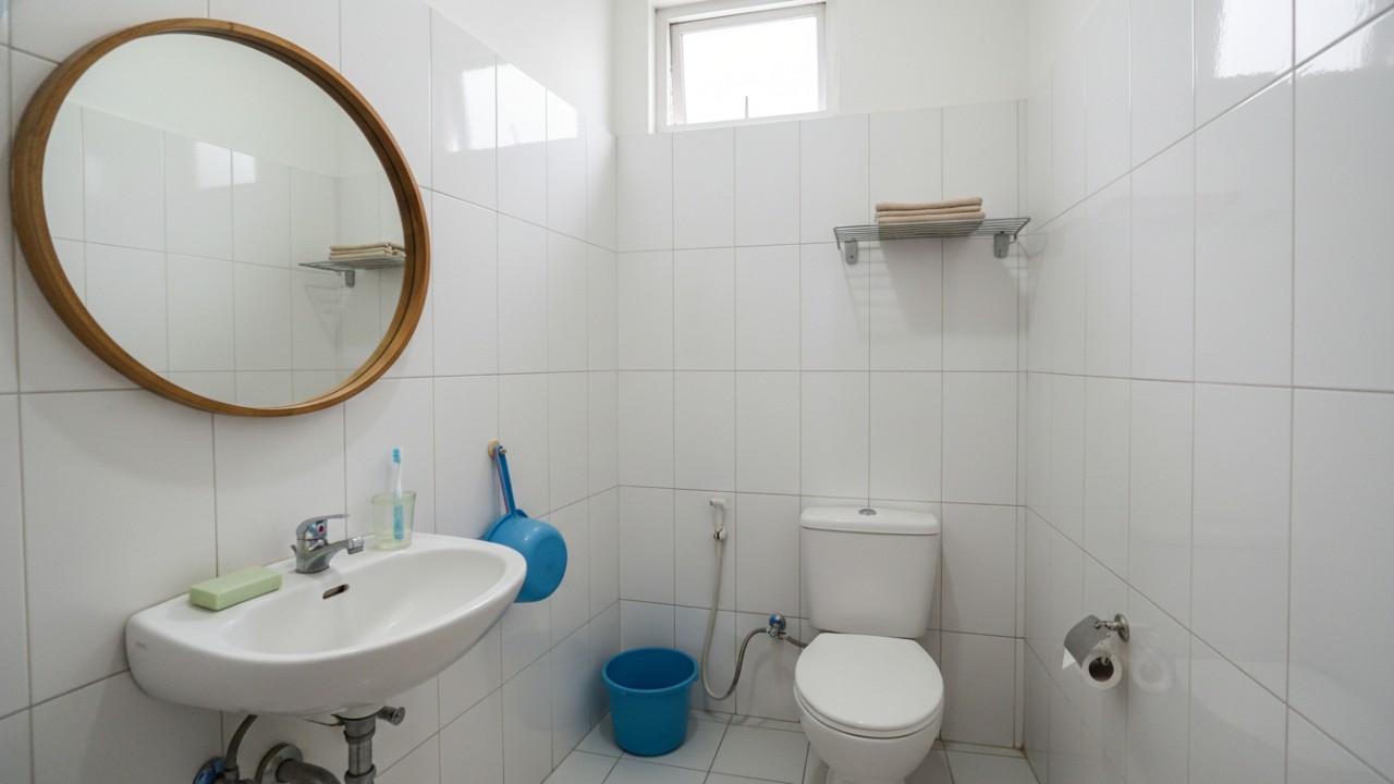 Kamar mandi 1 &times; 1 meter dengan keramik putih dan cermin bundar.
