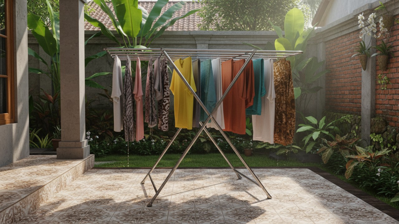 Jemuran baju lipat expandable berbahan stainless steel dengan panjang tiang yang bisa disesuaikan.