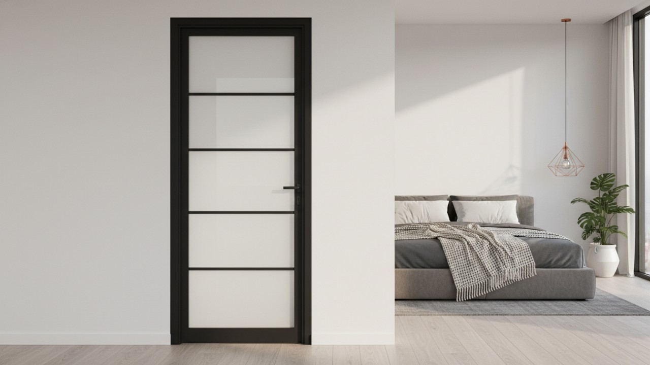 Tampilan frame tipis pintu aluminium pada kamar modern.