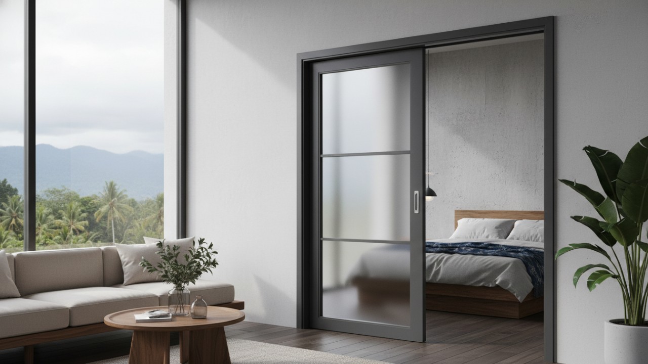 Pintu aluminium panel kaca dengan cahaya alami lembut.