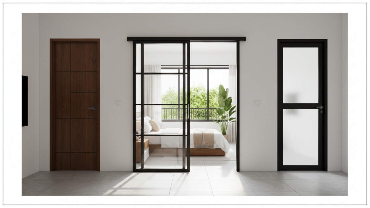 Pintu kamar tidur aluminium modern dengan desain minimalis menghadirkan kesan rapi dan elegan.