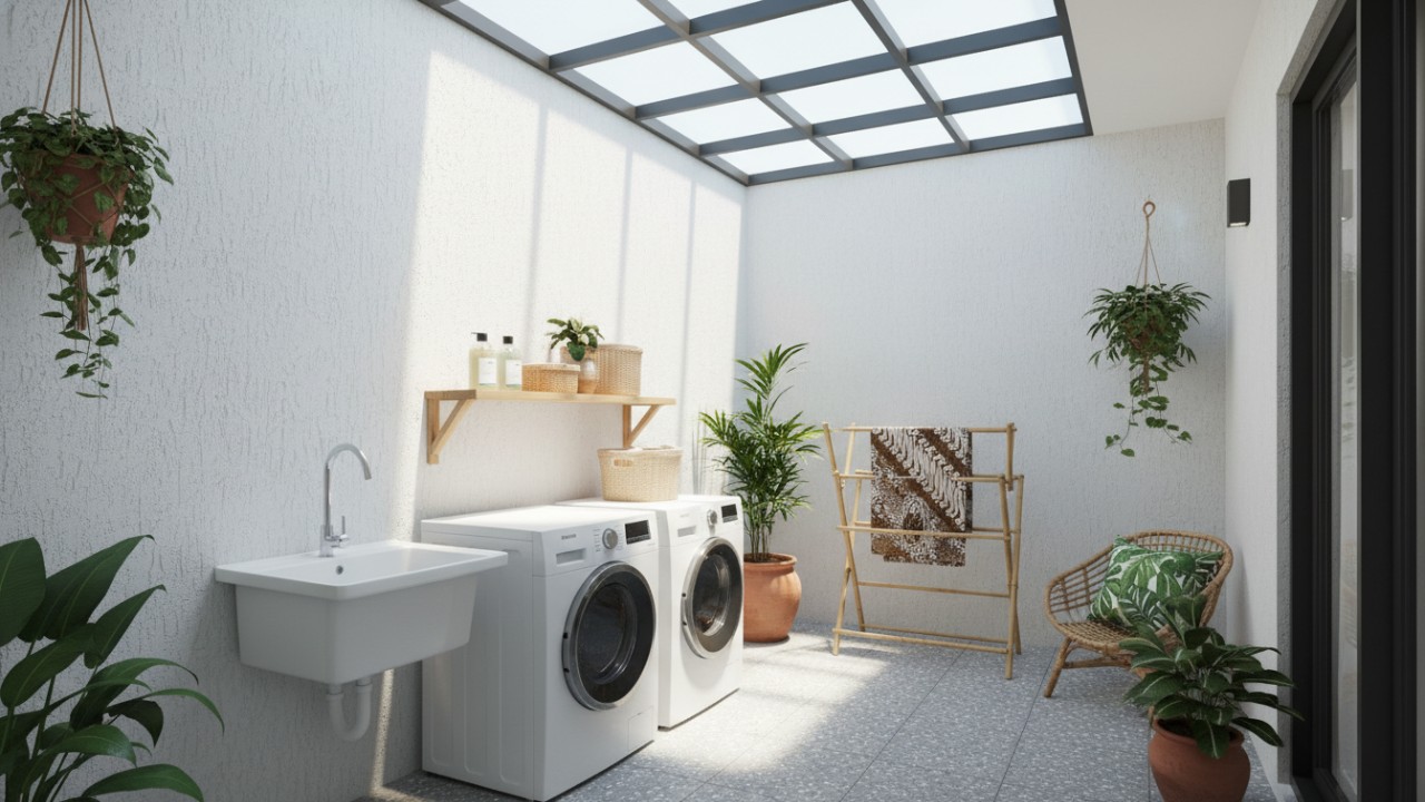 Dinding putih bertekstur memantulkan cahaya skylight di area laundry.