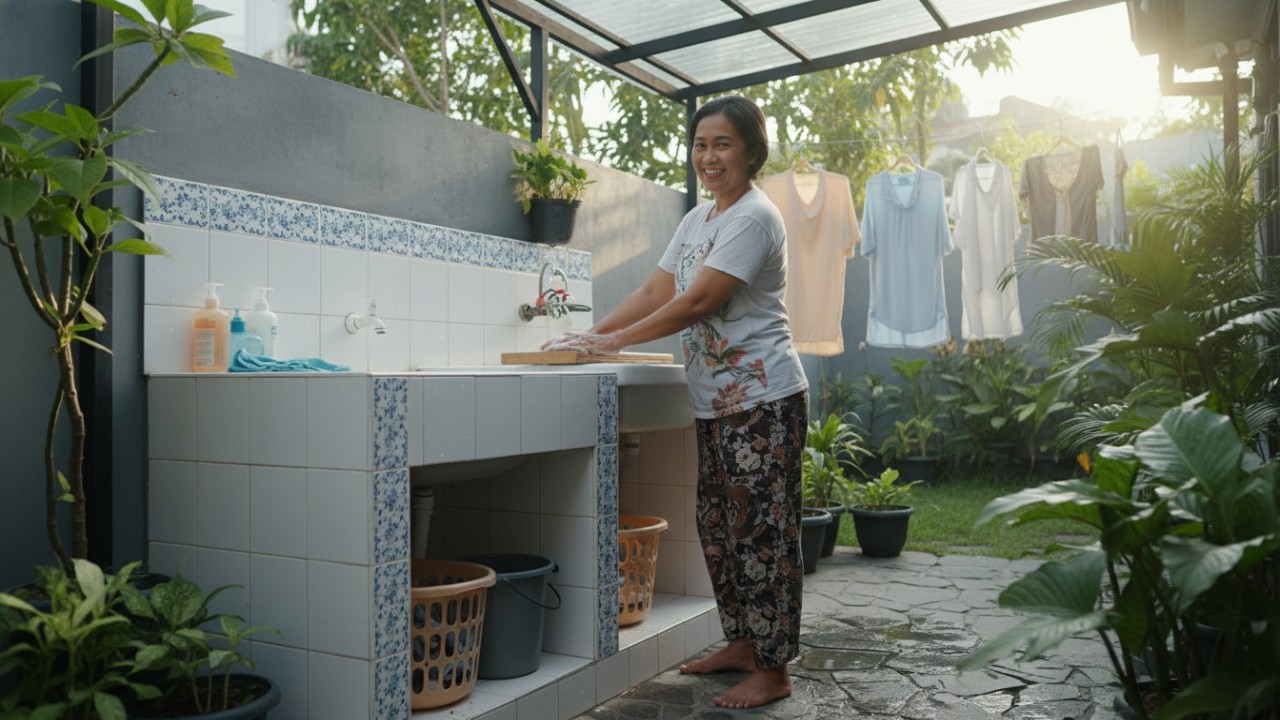 Desain tempat cuci berdiri ergonomis dengan kabinet solid surface.