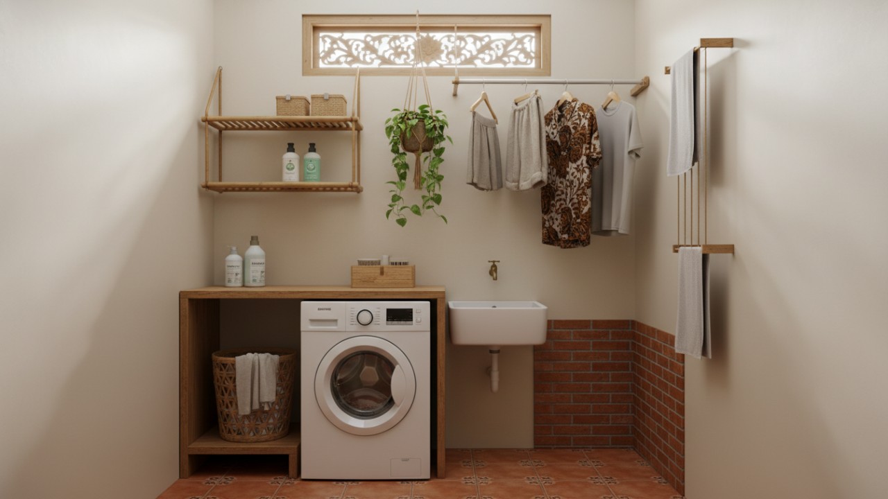 Mesin cuci dan meja countertop putih menyatu dalam ruang cuci modern.
