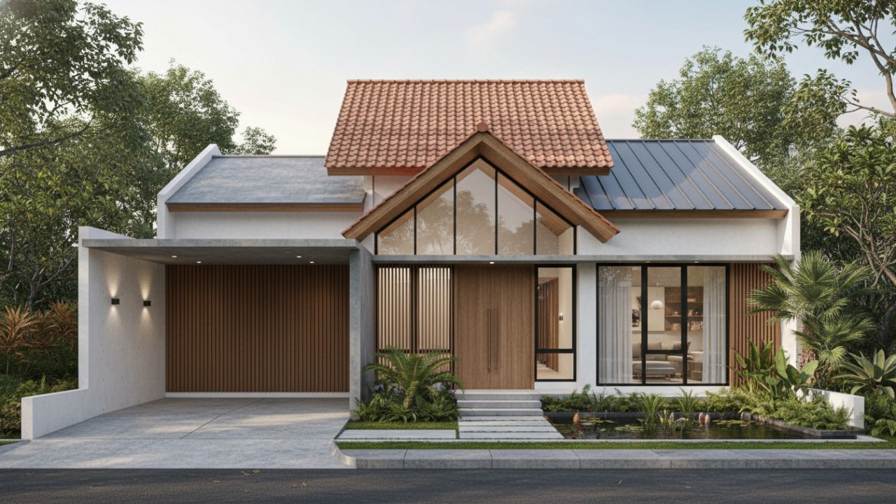 Tampilan rumah minimalis dengan atap datar dan miring yang saling menyatu.