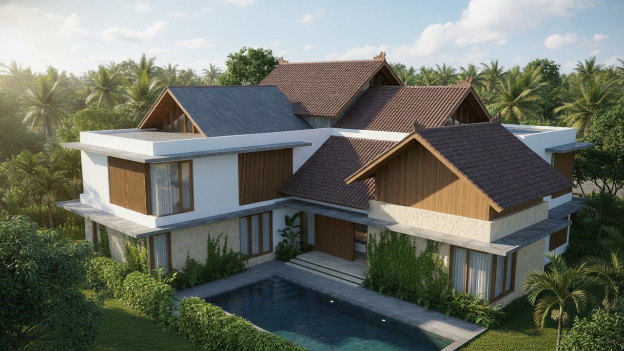 iluet rumah adaptif dengan karakter atap berlapis namun konsisten.