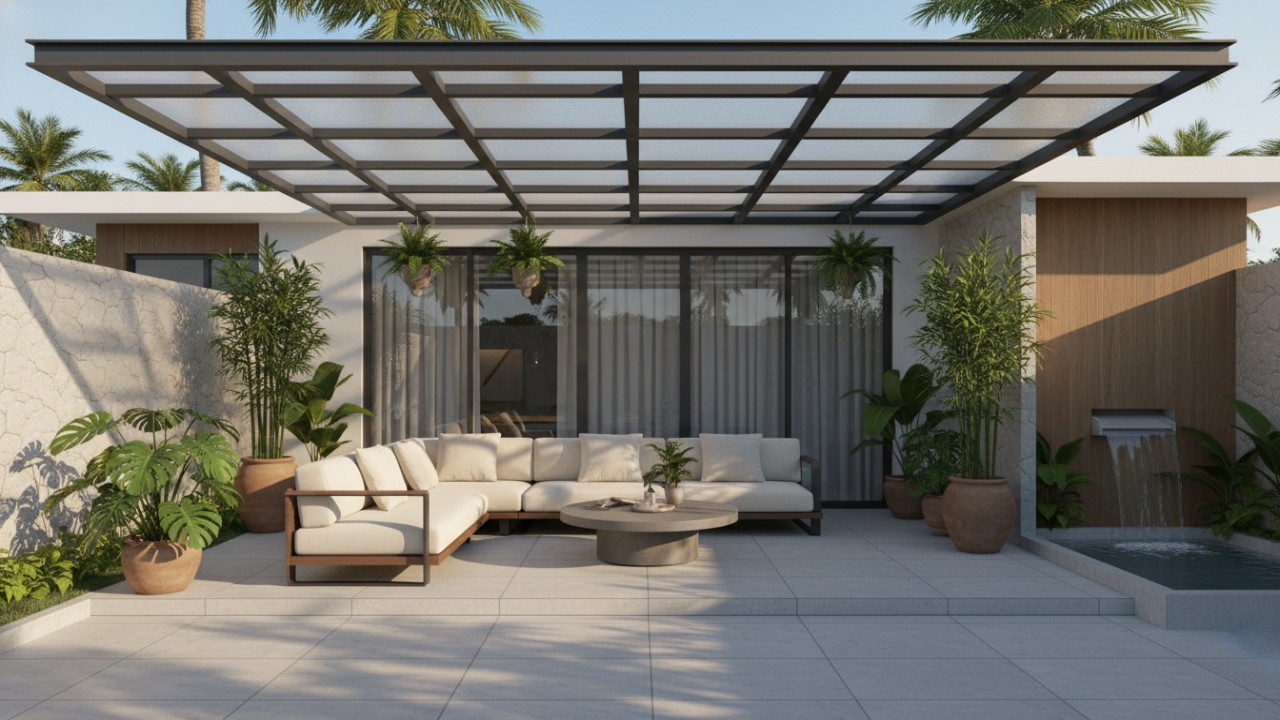 Tampilan teras rumah minimalis modern dengan kanopi datar.
