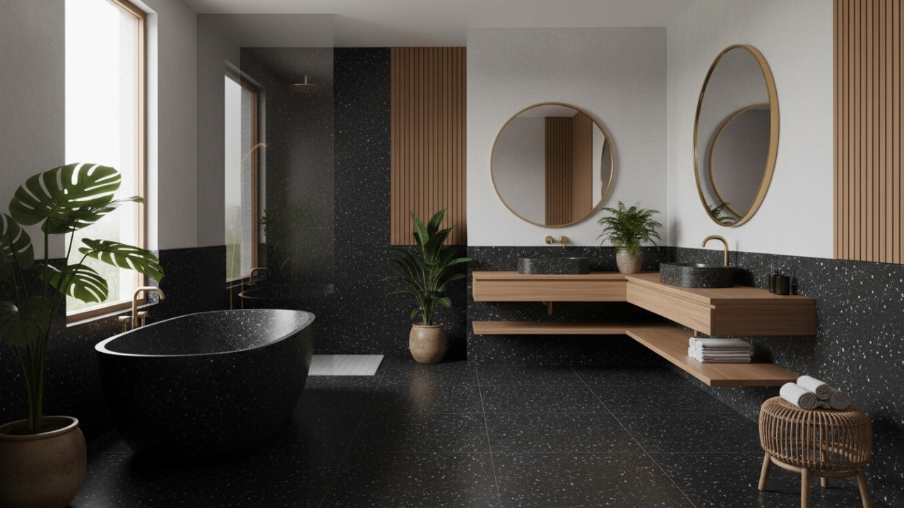 Model free standing teraso hitam dengan kilau halus saat terkena cahaya.