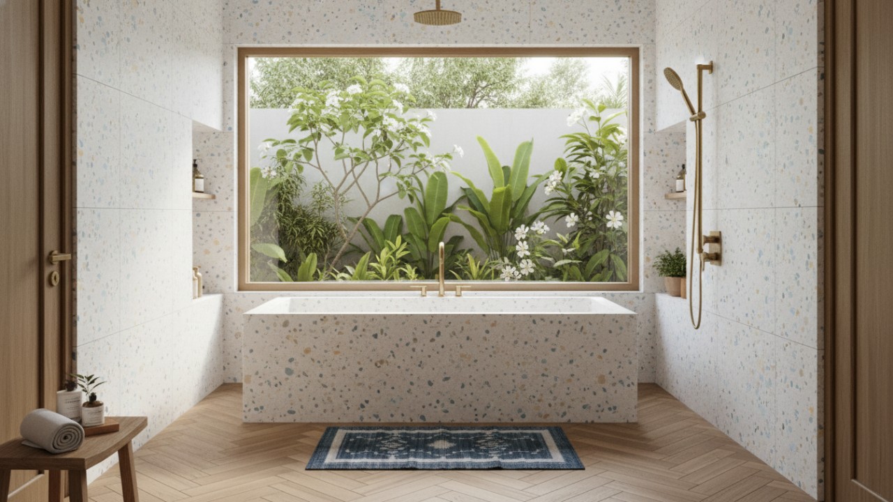 Bak mandi teraso built-in menyatu dengan dinding dan wastafel senada.
