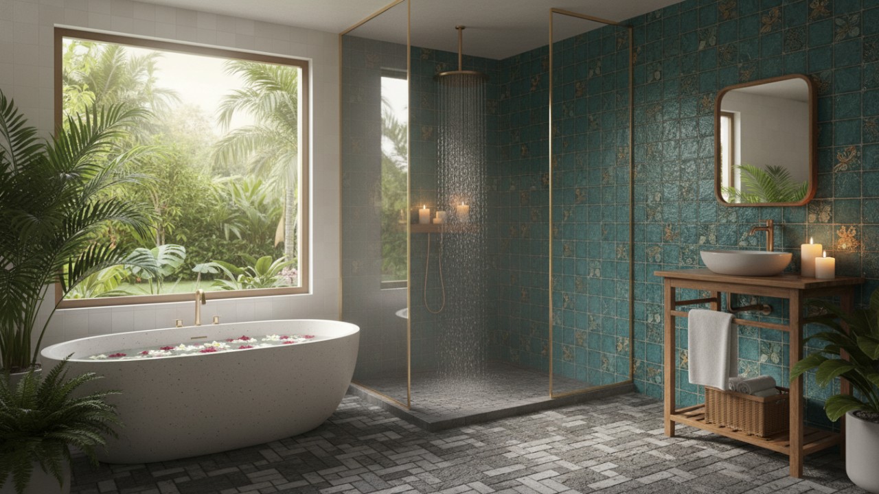 Tampilan desain shower modern yang menghadirkan suasana nyaman dan estetik.