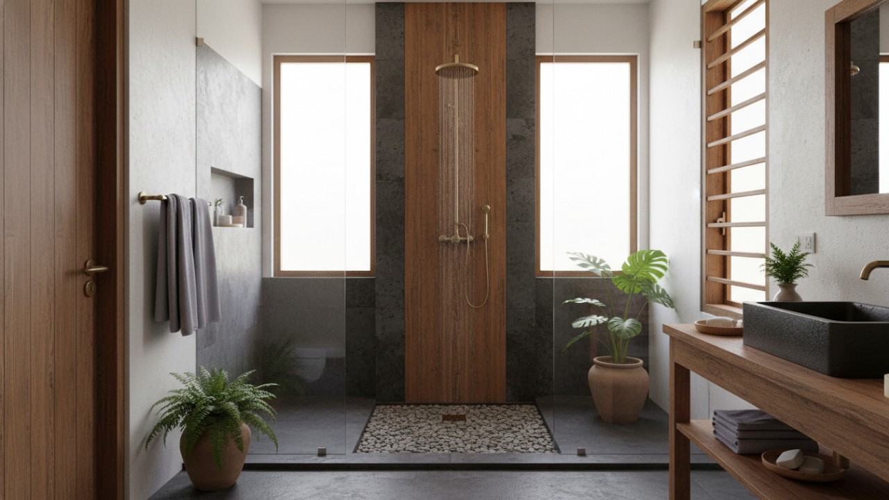 Shower kaca transparan memberi kesan luas dan bersih pada kamar mandi.