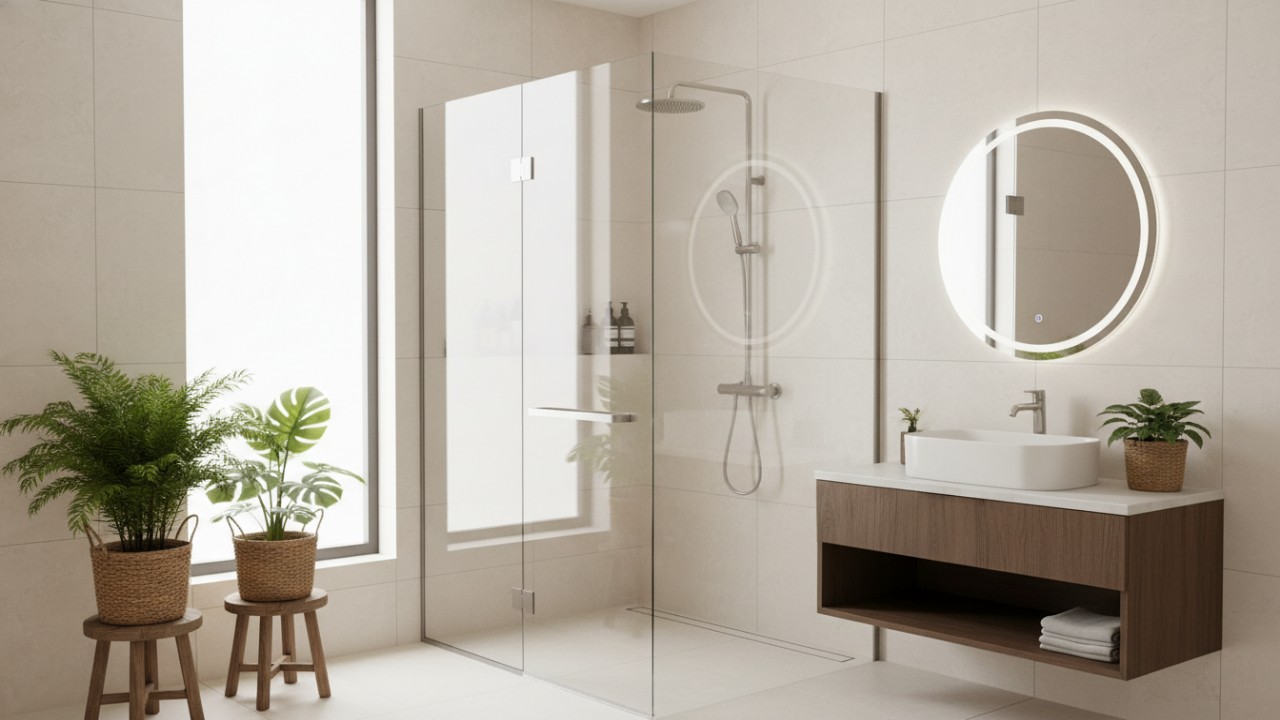 Dinding batu alam pada shower menghadirkan kesan spa di rumah.