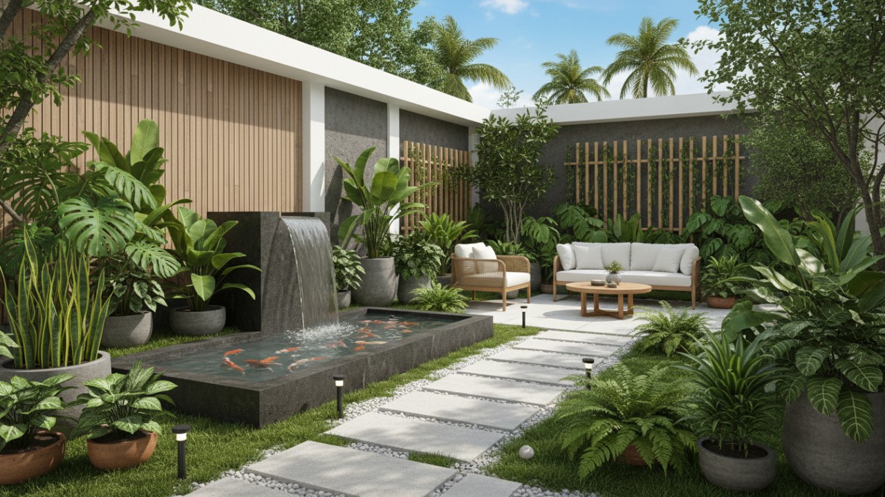 gambar taman minimalis modern dengan tanaman hijau.