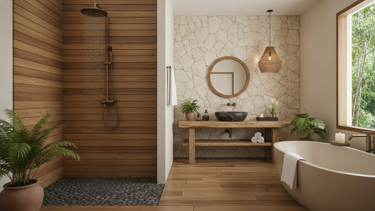 Nuansa kayu pada area shower menciptakan atmosfer hangat dan natural.
