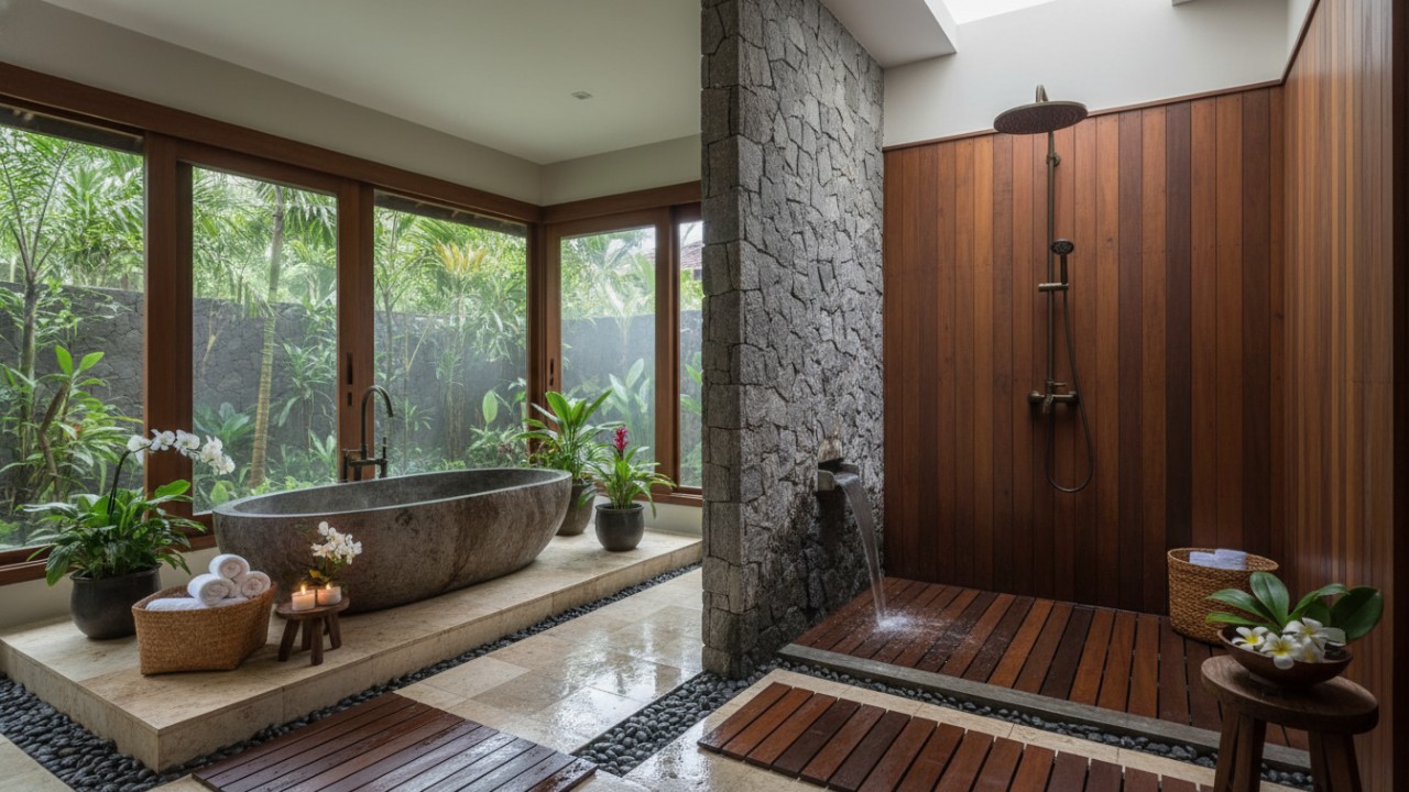 Dinding batu alam pada shower menghadirkan kesan spa di rumah.