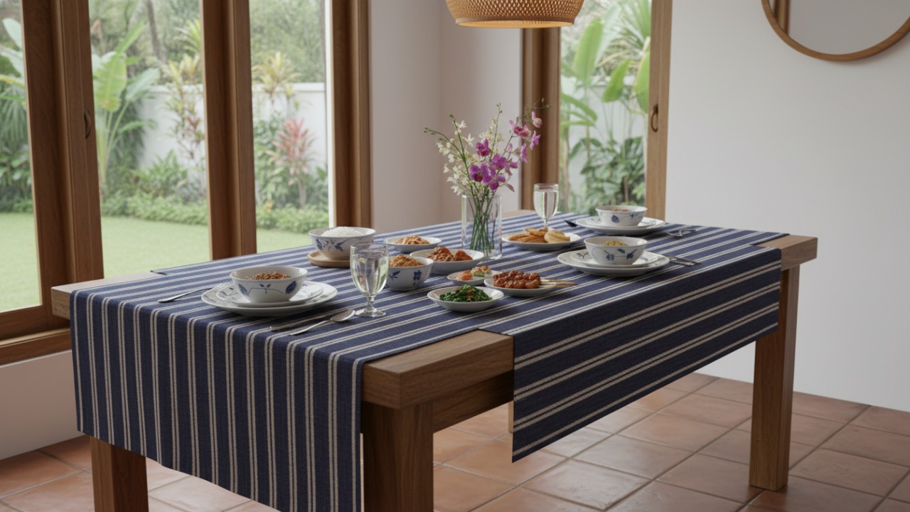 Taplak meja motif garis sederhana di ruang makan modern.