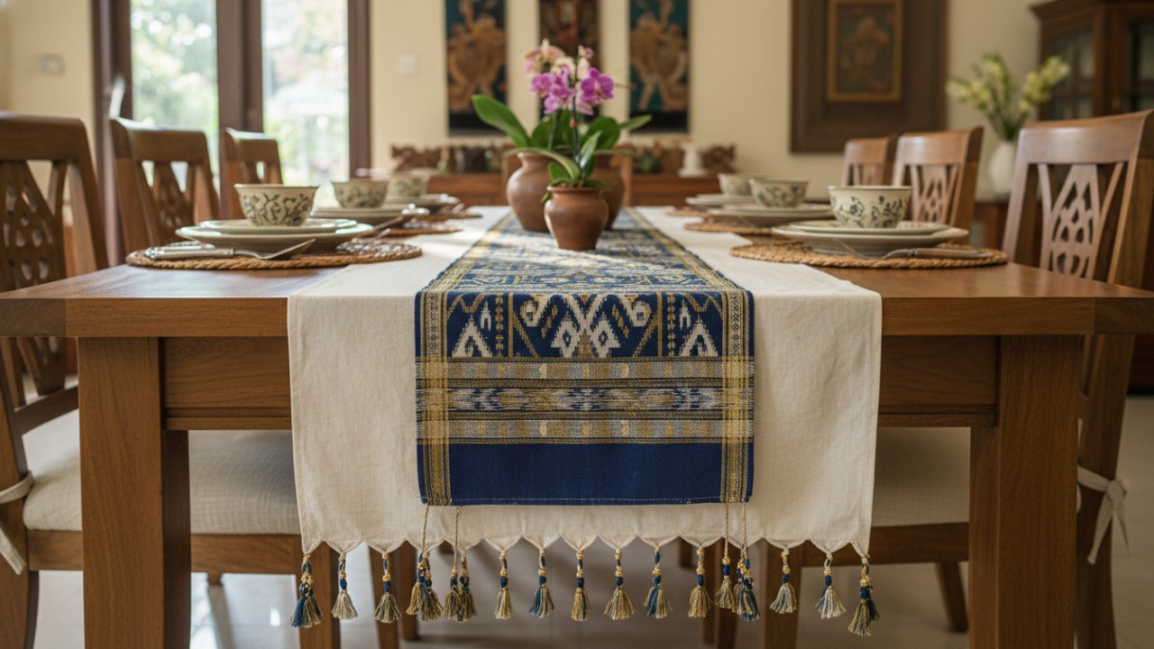 Table runner memanjang sebagai aksen meja makan.  Taplak meja dengan tassel pendek yang dekoratif.