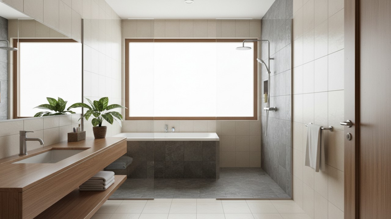 Batu alam pada dinding shower menghadirkan kesan natural.