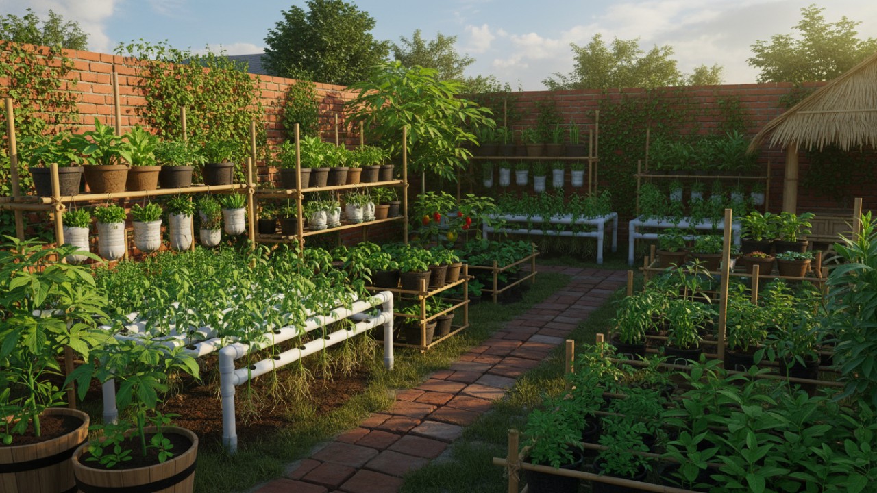 kebun belakang rumah berbasis pot dan hidroponik.