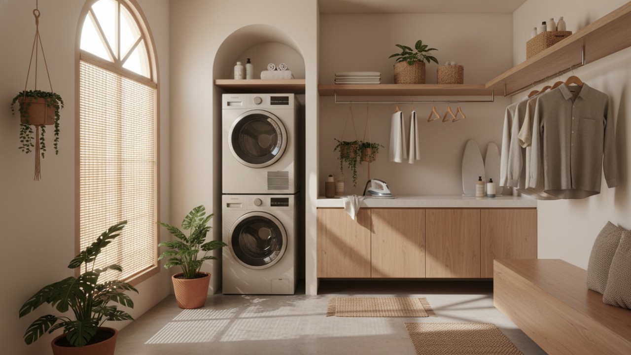 Ruang laundry-setrika dengan desain ringkas, rapi, dan pencahayaan alami.