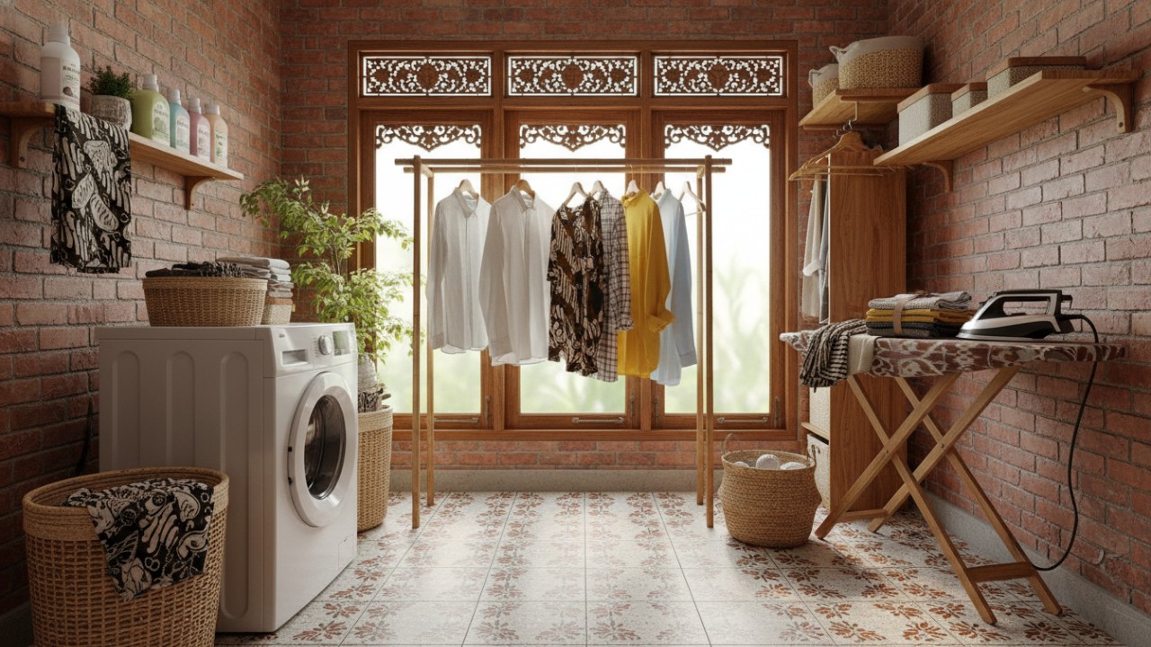 Tata letak zona cuci, kering, dan setrika yang terorganisir.