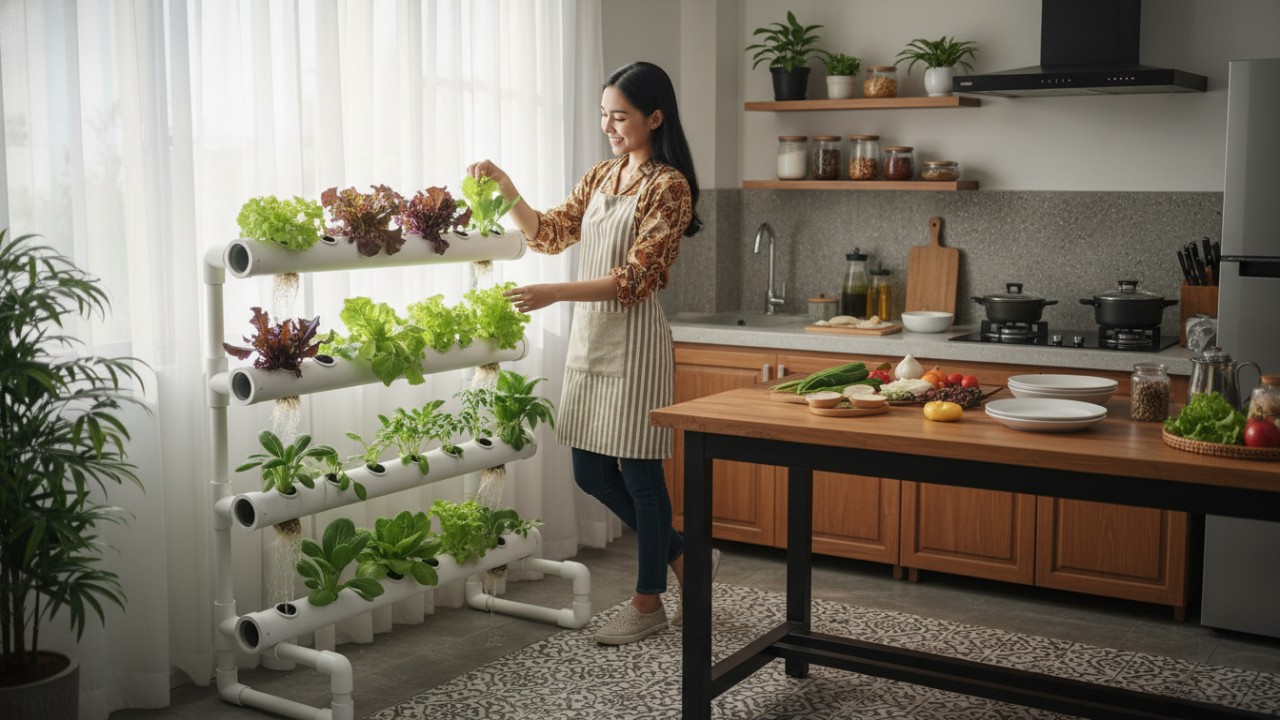 Tampilan kebun hidroponik di dapur rumah minimalis yang menyatu dengan ruang makan.