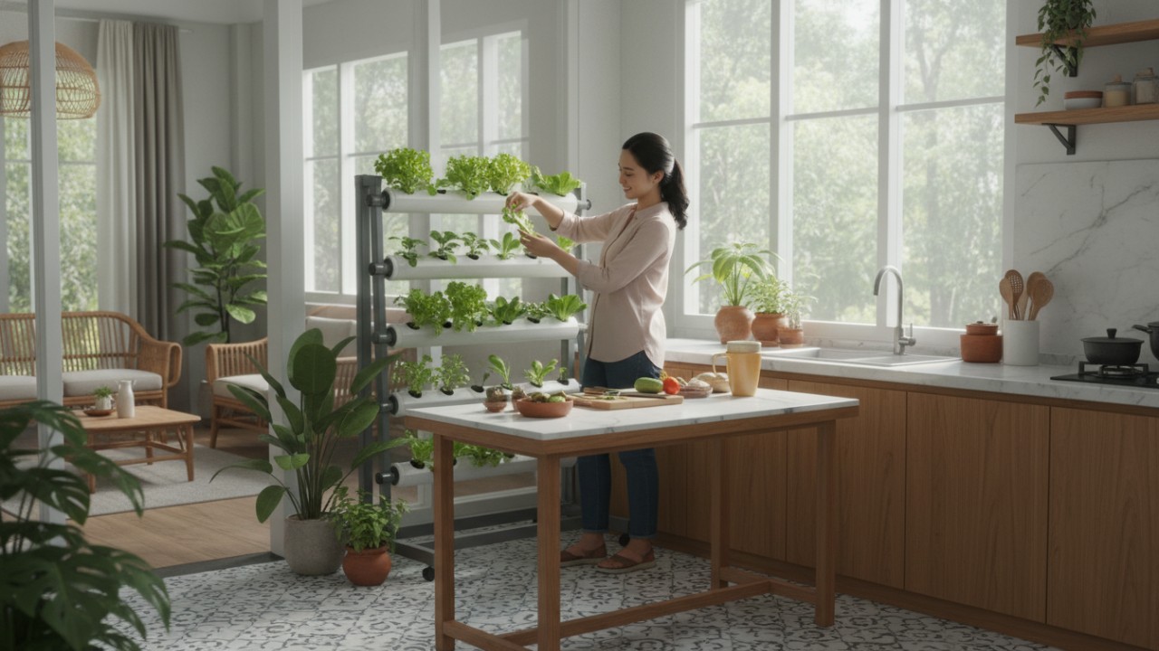 Aktivitas memanen sayur segar sebelum memasak.