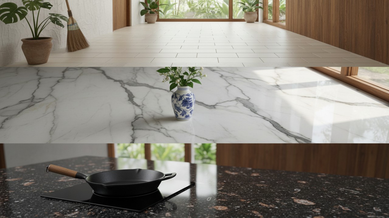 Lantai keramik netral cocok untuk rumah modern.Marmer dan granit tampil elegan pada rumah minimalis.