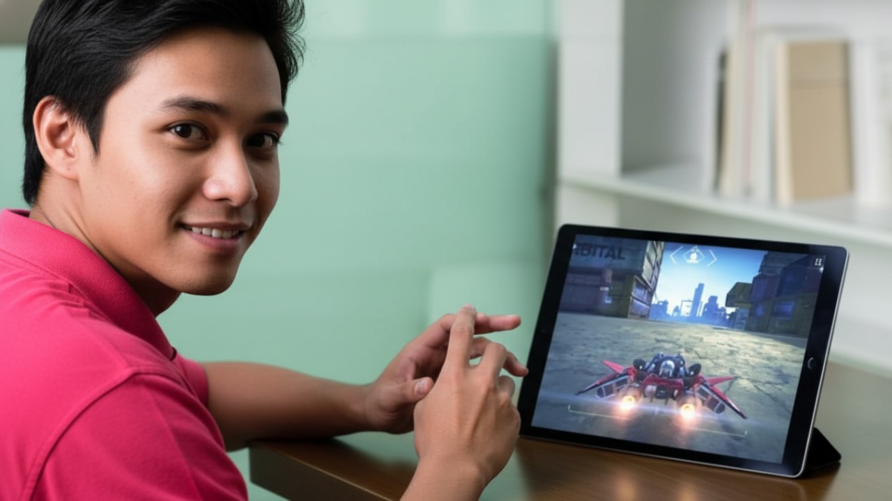 Tablet gaming modern dengan layar besar dan grafis tajam, menonjolkan performa tinggi untuk game berat.